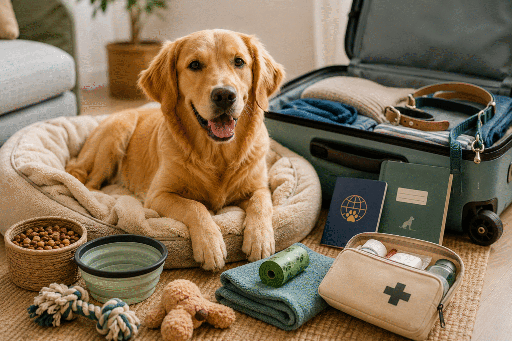 Chien prêt pour les vacances entouré de ses indispensables de voyage : nourriture, gamelle, jouets, trousse de secours, couverture et valise.